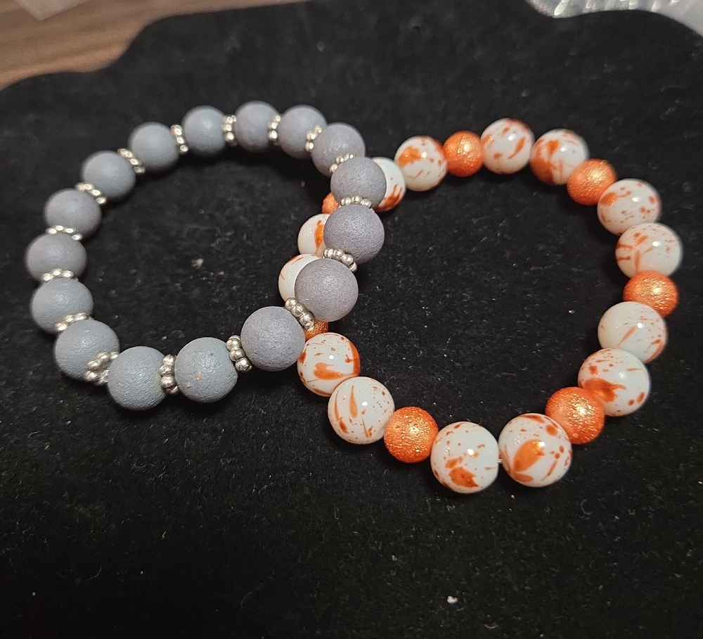 Elegant Gray and Orange Beaded Bracelets